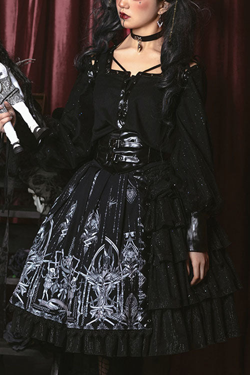 Black Red Heart Eye Print High Waist Gothic Lolita Skirt Dress - Altfashion Shop