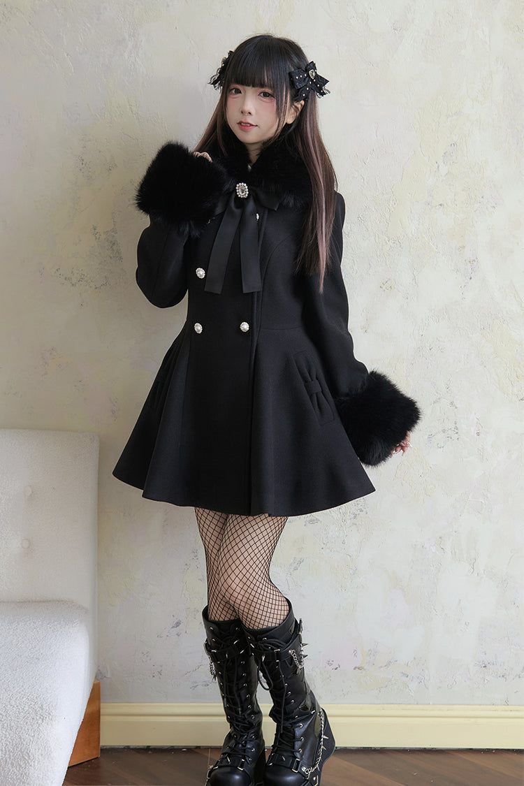 Japanese Sweet Lolita Coat with Double-Breasted Front & Bowknot, Long Sleeves