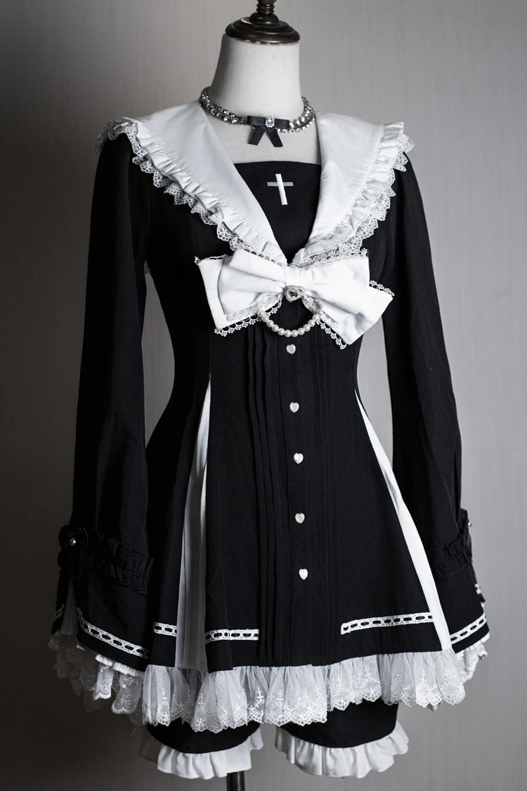 Sweet Square-Collar Bow Lace Pearl Jirai Kei Dress & Short Set