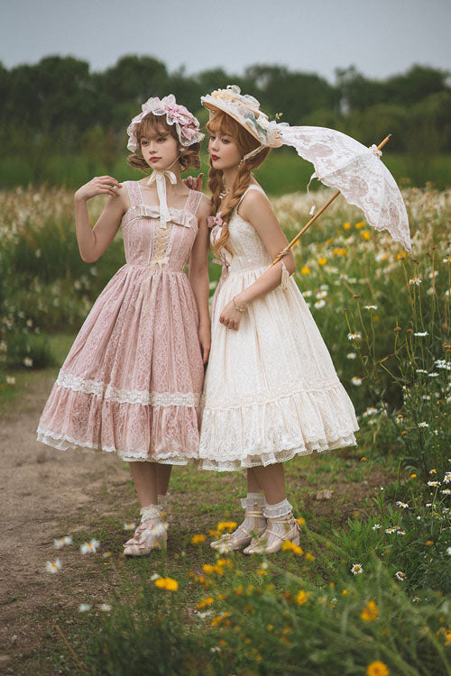 Vintage Blush Solid Multi-Layer Embroidered Ruffled Sweet JSK Dress