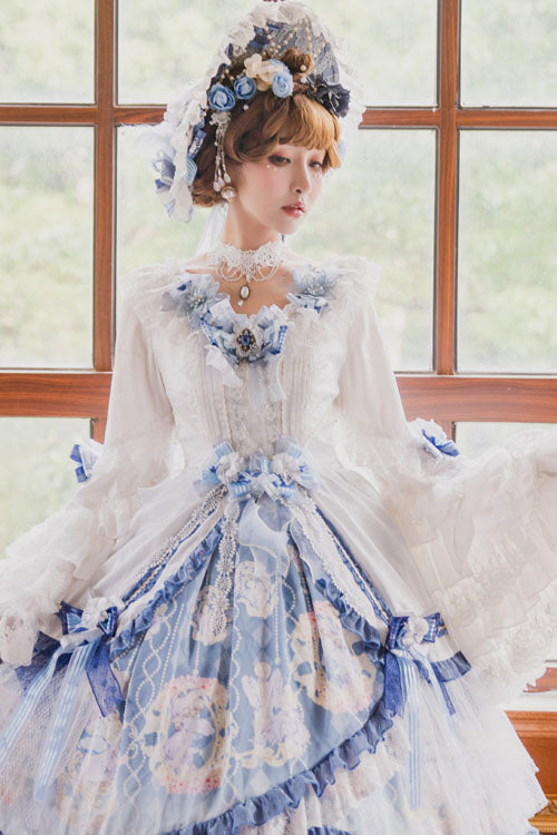 Cerulean and Ivory Embroidered Floral Hanayome Long Sleeve Multi-Layer Ruffled Sweet Lolita OP Dress
