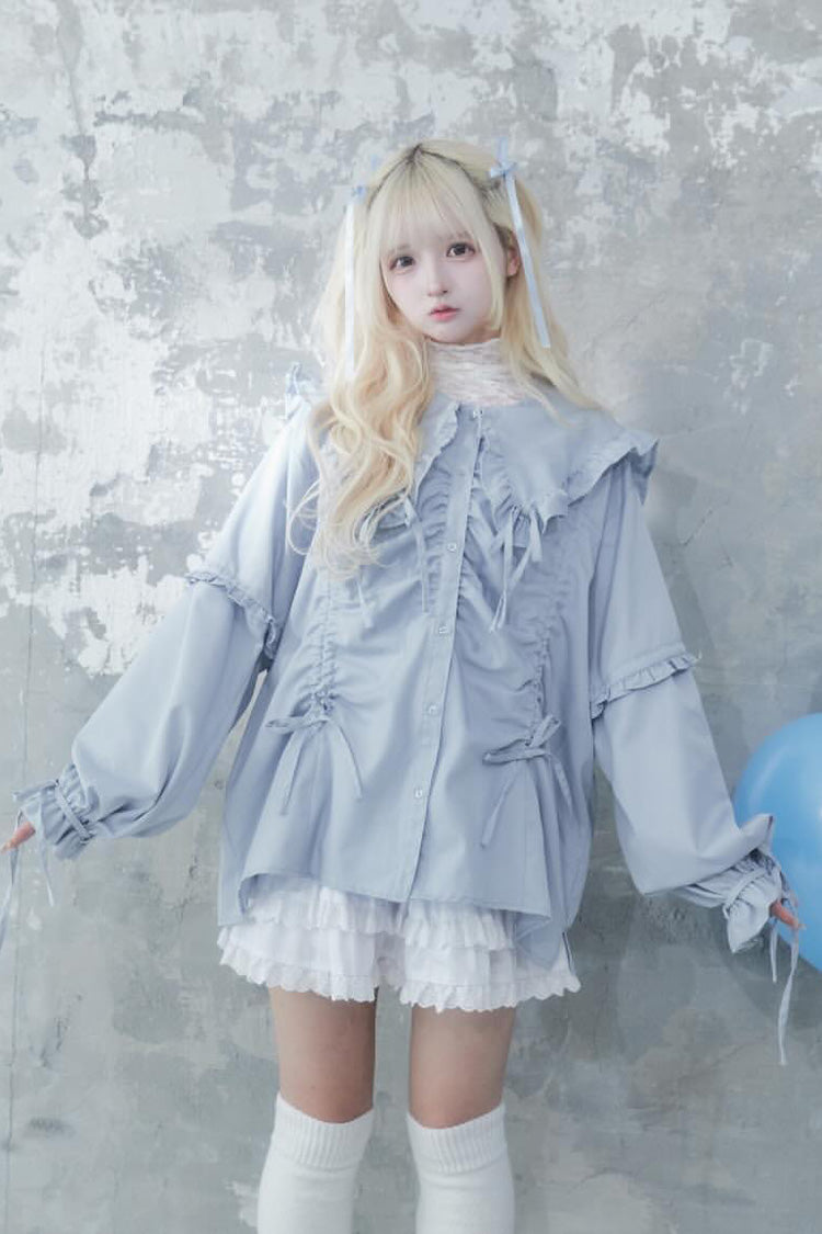 Japanese Blouse with Doll Collar, Long Sleeves, Ruffles, and Bow, 3 Colors