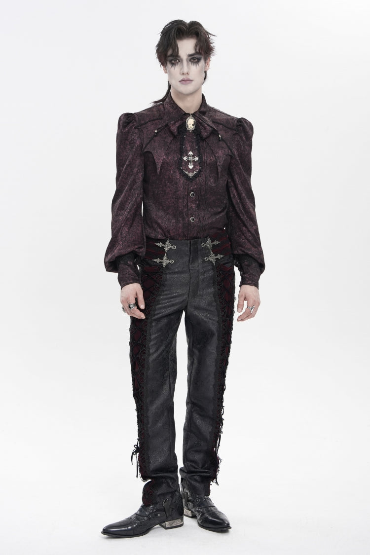 Crimson & Noir Jacquard Lace-Up Slim Velvet Palazzo Trousers for Men