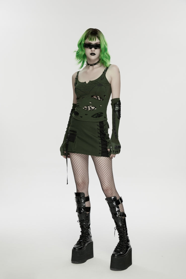 Off Shoulder Slim Ripped Buckled Spider Web Print Vest - Punk