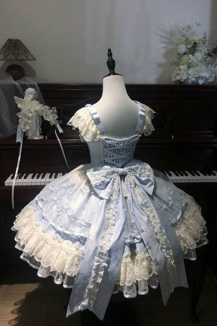 Dreaming Butterfly Blue Multi-Layered Jacquard Ruffle Bowknot Lace Sweet Princess JSK Dress