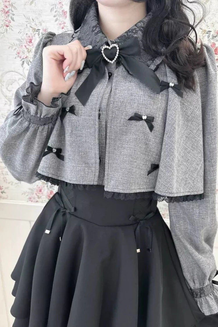 Grey Lapel Collar Long Sleeves Bowknot Sweet Japanese Jirai Kei Blouse Coat