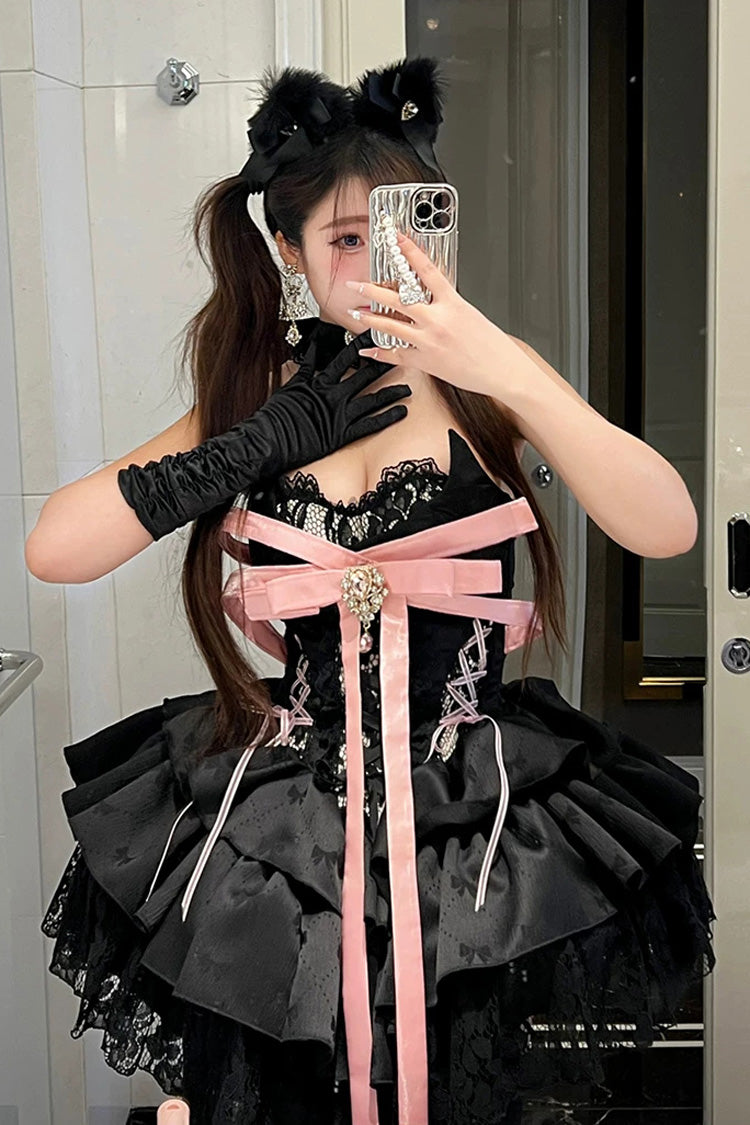 Princess Ballet Gothic Lolita JSK Dress with Ruffled Bow and Lace-Up - Black