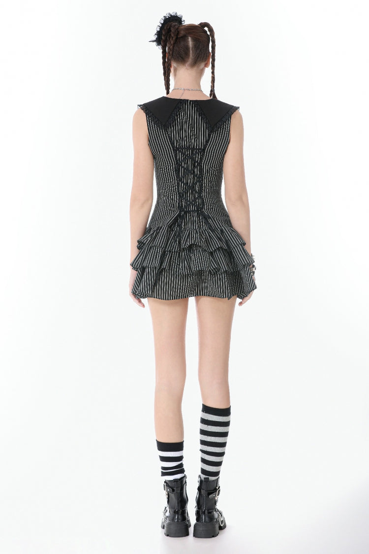 Bow Lace-Up Pinstripe Layered Sleeveless Dress - Gothic