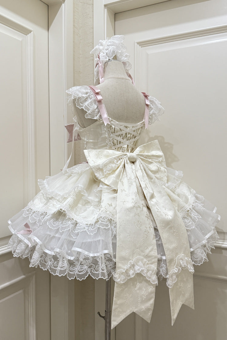 Apricot Sweet Ballet Lolita JSK Dress with Sleeveless Ruffles Bowknot Lace and Slim Fit