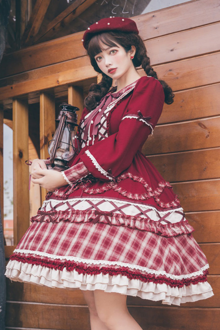 Red Retro Sweet Lolita OP Dress with Plaid, Lantern Sleeves and Ruffles - Altfashion Shop