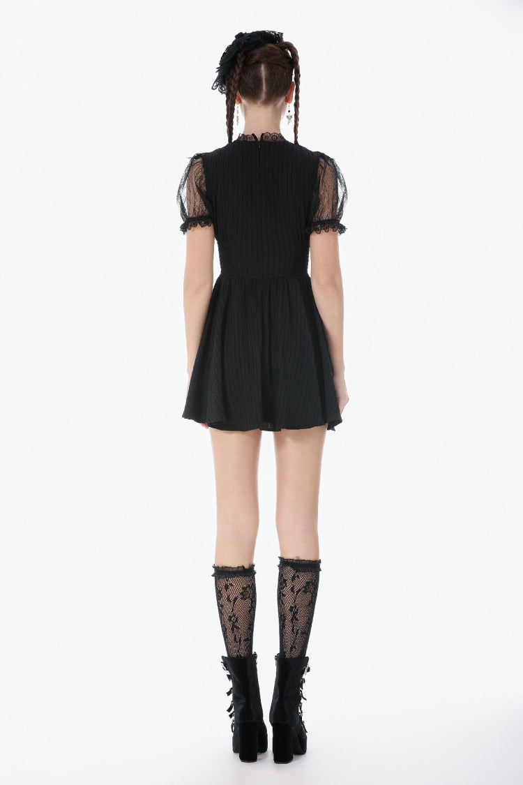 Cross Ruffled Short Sleeve Gothic Graduation Dress for Women Lace