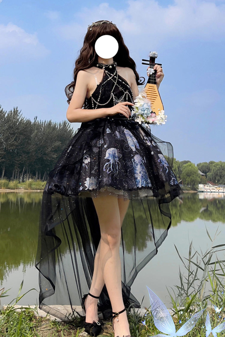 Blue Halterneck Sleeveless Embroidery Bowknot Lace Elegant JSK Dress