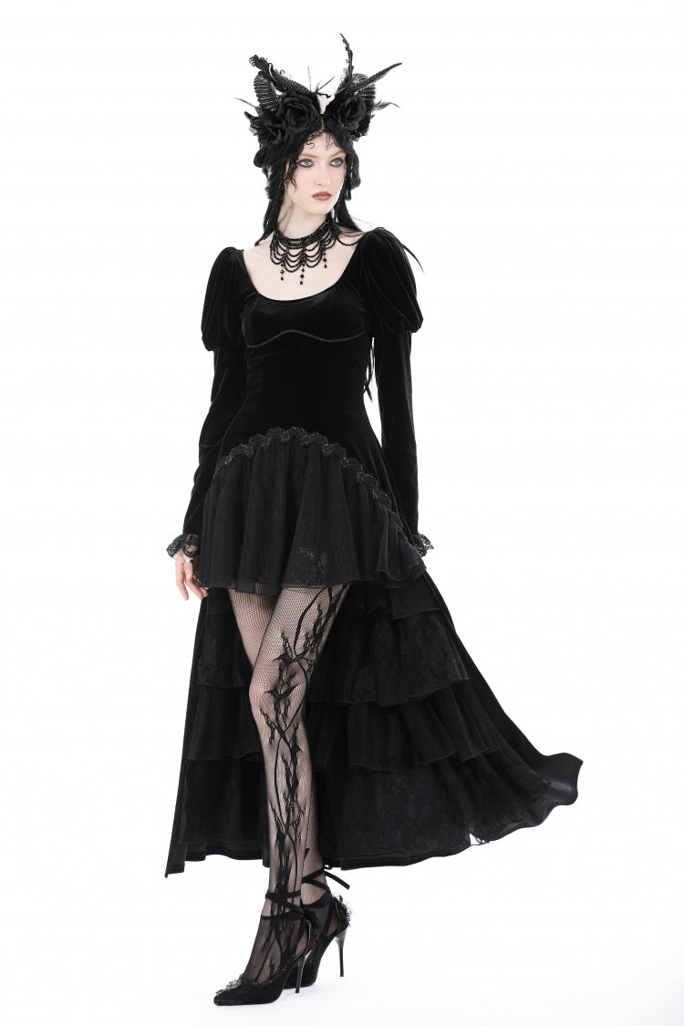 Ink Crewneck Long Puff-Sleeve Lace Hem High-Low Velvet Gothic Wedding Dress for Women
