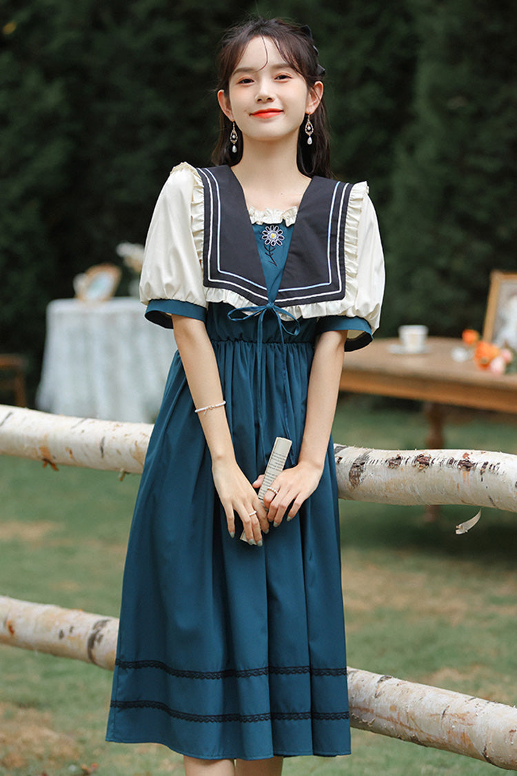 Multicolor Retro Sweet Lolita OP Dress with Doll Collar and Embroidered High Waist - Altfashion Shop