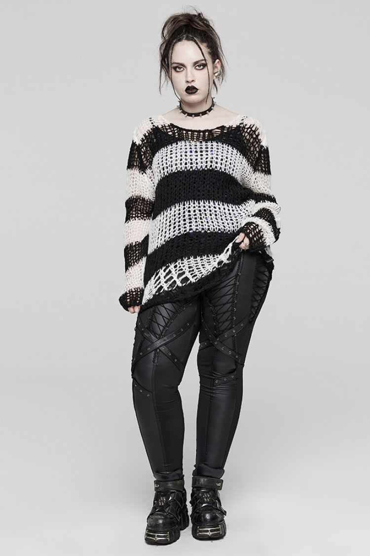 Gothic Striped Sweater - Ripped, Irregular Hem, 4 Shades