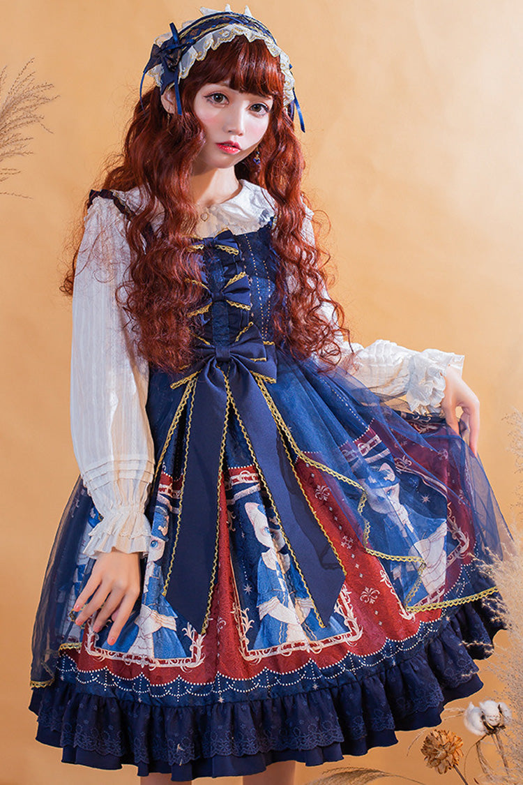 Chiffon Waist Bow Cat Print JSK Dress - Royal Court Lace