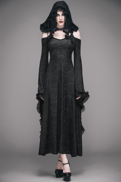 Stretchy Floral Off-Shoulder Hooded Black Dress