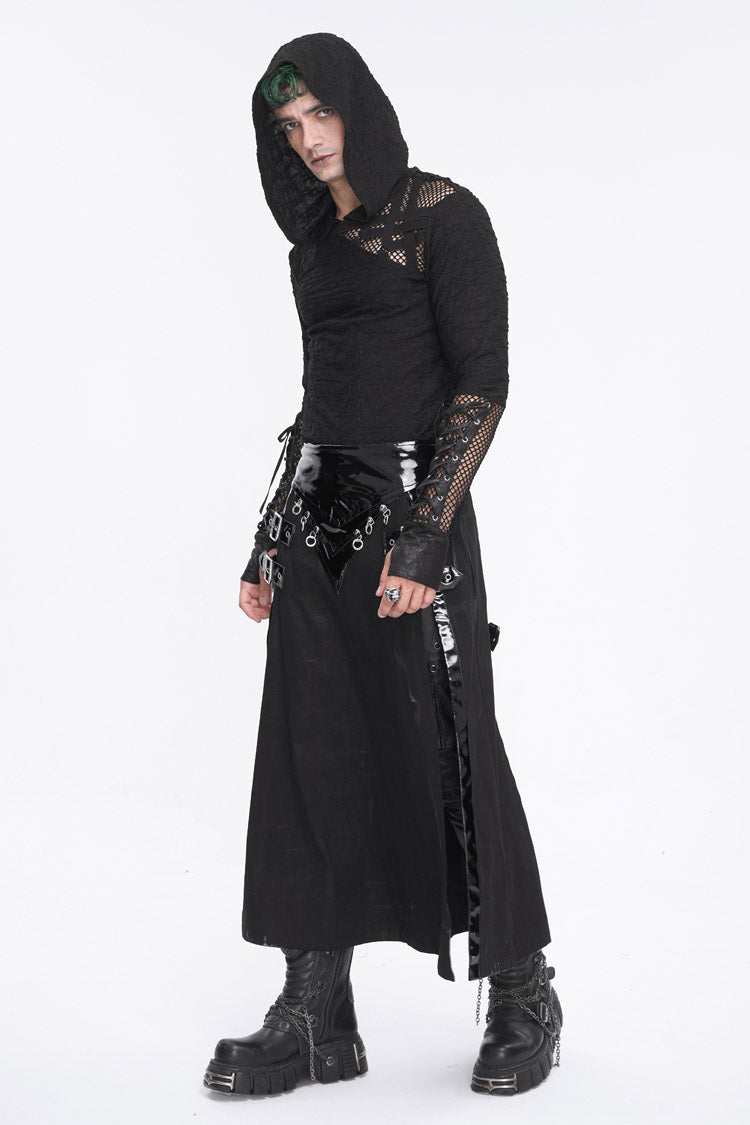 Mesh Spliced Long Sleeve Punk Hoodie for Men with Lace-Up Front