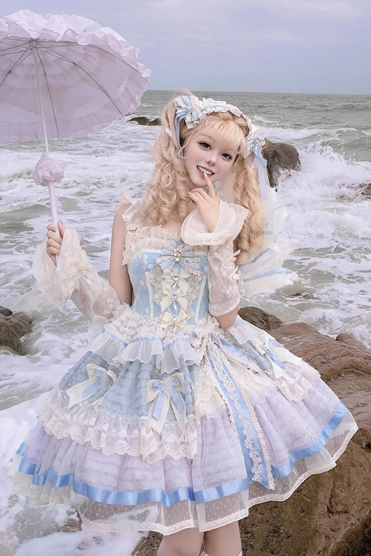 Moonstone Sleeveless Ruffle Embroidery Bow Lace Fishbone Princess Dress in Blue