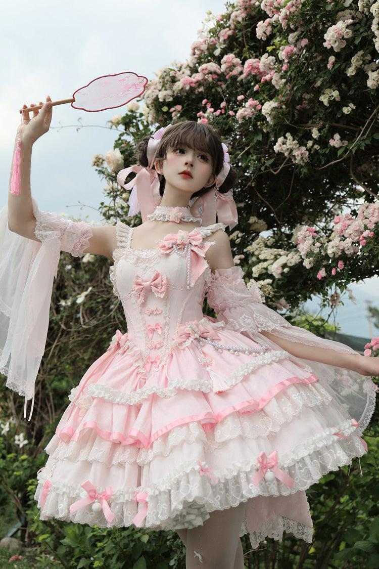 Pink Prelude of Spring Cherry Square Collar Sleeveless Jacquard Lace JSK