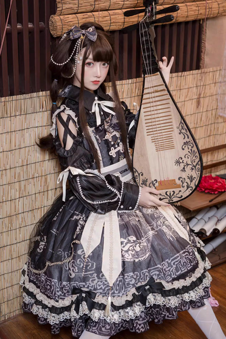 Black Print Ruffle Lace Sweet Chinese Lolita Jsk Dress