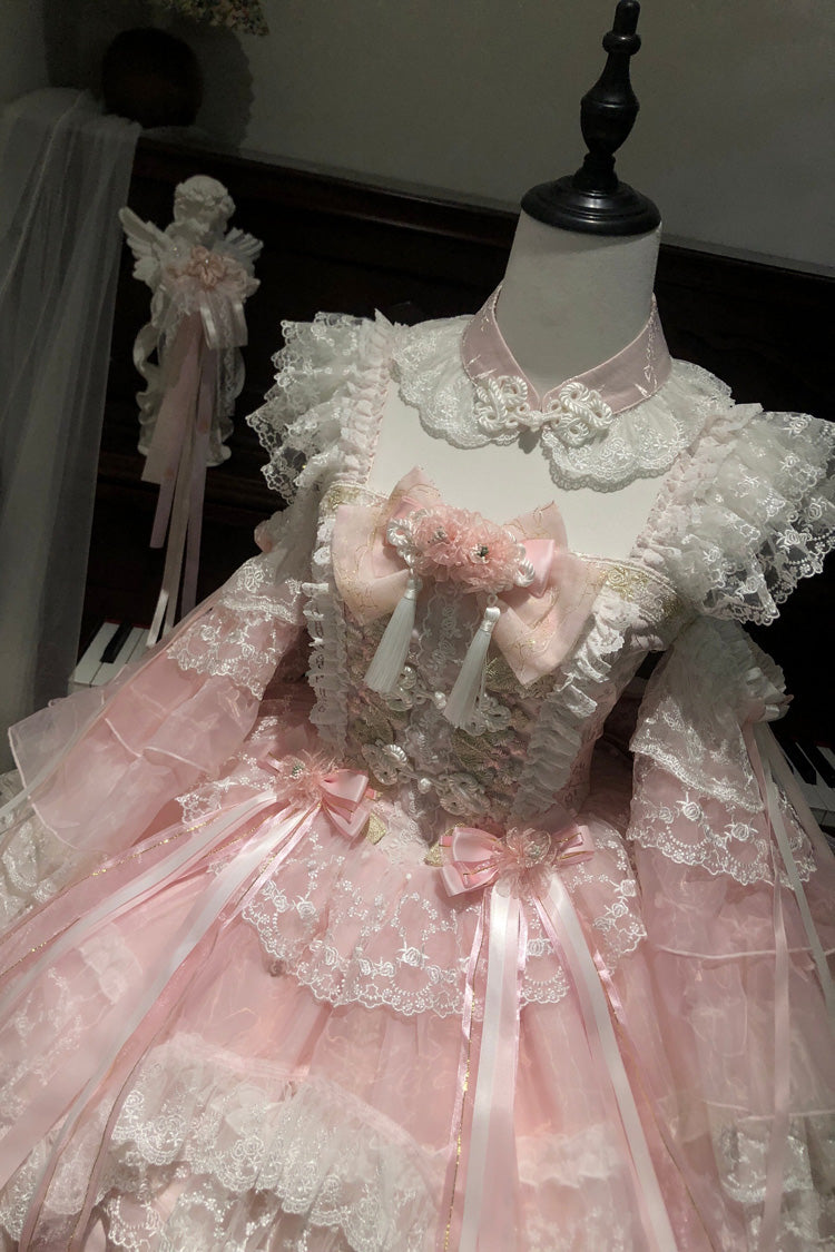 Spring Entwined with Cherry Clouds Short Sleeves Embroidered Bow Lace Sweet Chinese Style Lolita Dress - Pink