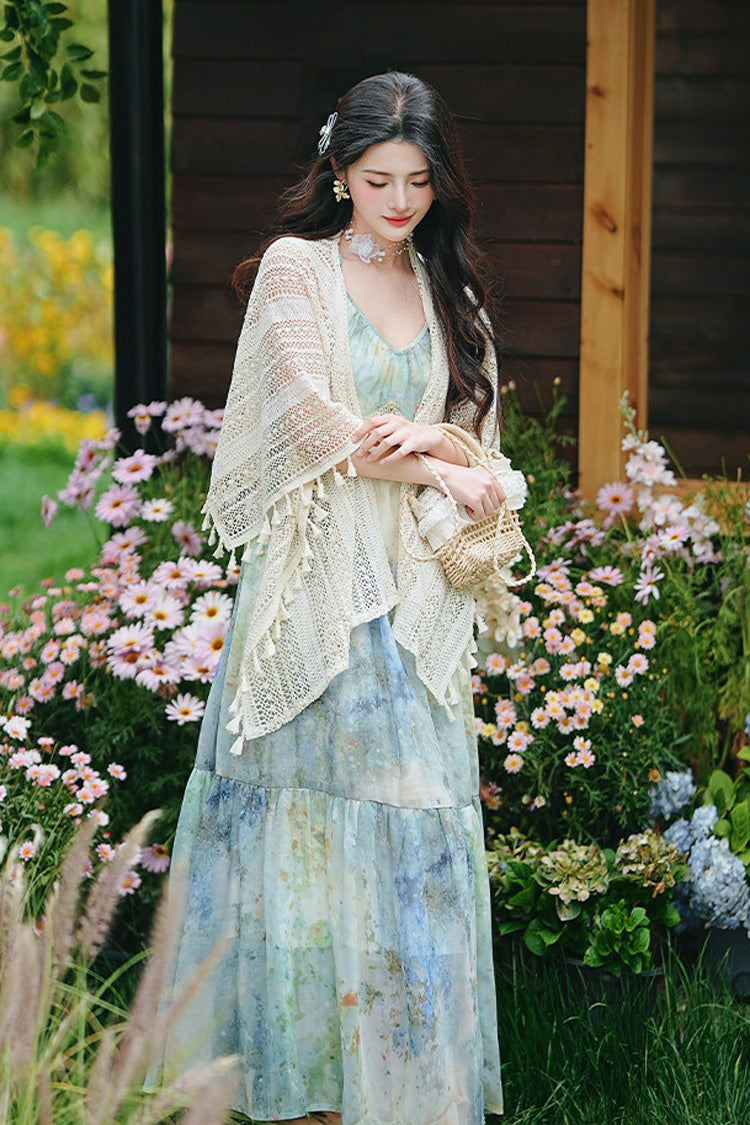 Blue/Green V Collar Sleeveless Classic Lolita JSK Dress Oil Painting Print