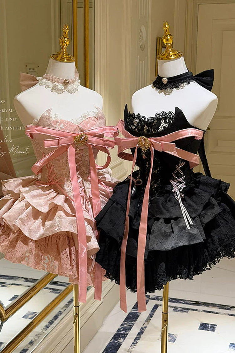 Princess Ballet Gothic Lolita JSK Dress with Ruffled Bow and Lace-Up - Black