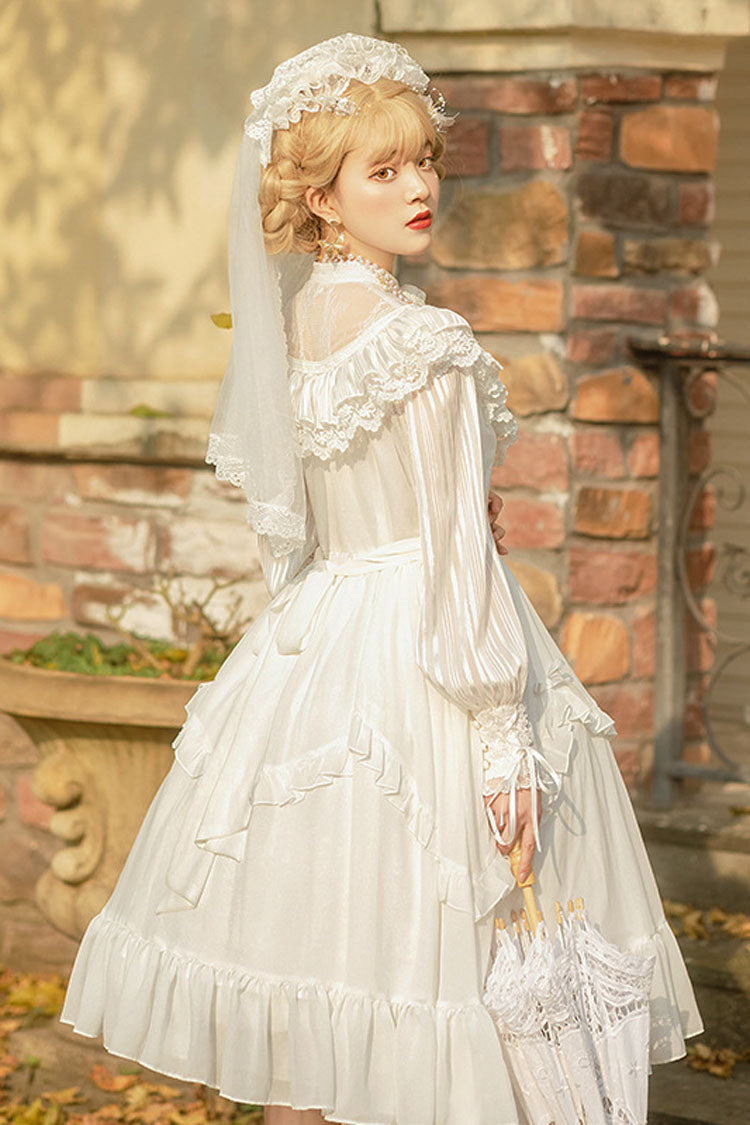 White Hollow V Neck Gothic Lolita Dress Long Sleeves Bowknot Ruffled - Altfashion Shop