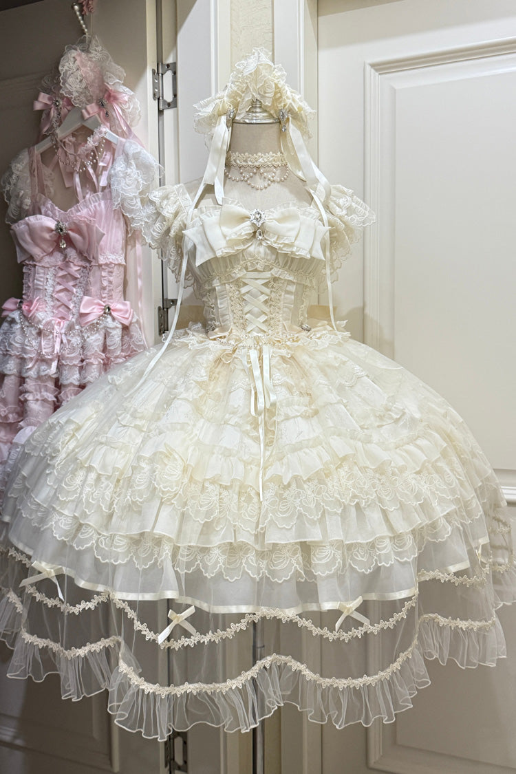 Elegant Apricot Sleeveless Tiered Ruffle Lace-Up Bow Sweet Lolita JSK Gown