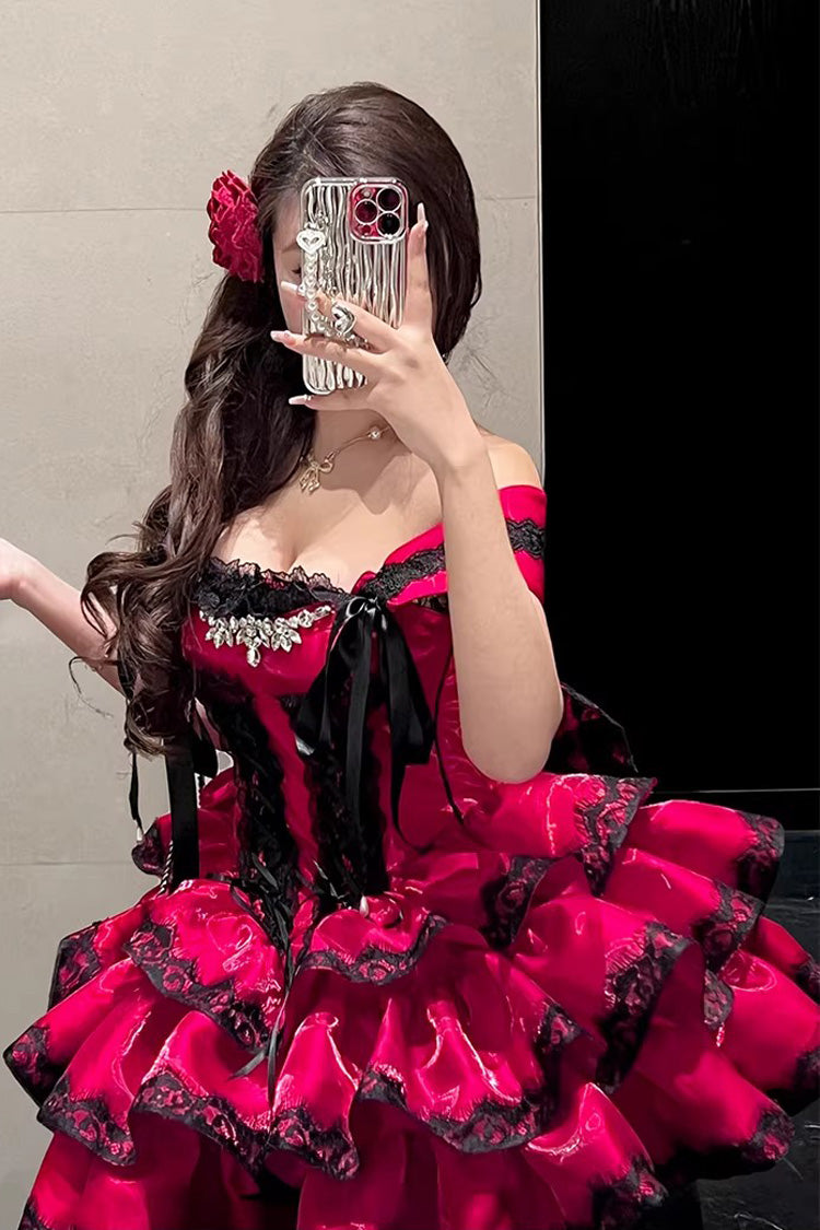 Sweet Lolita JSK Dress with Ruffled Lace and Lace-Up Back - Red