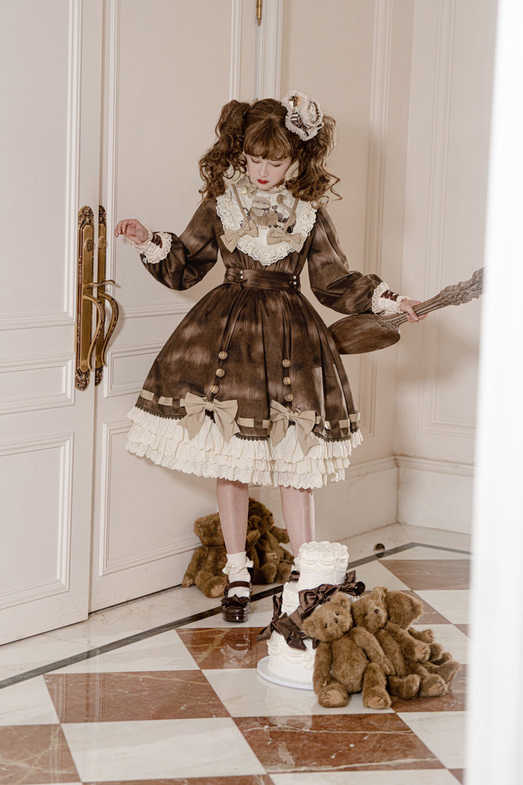 Chocolate Cat Print Long Sleeve Ruffle Bow Sweet Dress