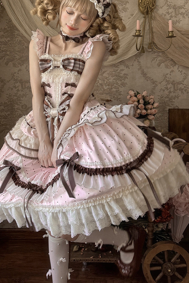 Sleeveless Print Ruffle Bow Lace-Up Sweet Elegant Lolita Jumper Dress - Pink