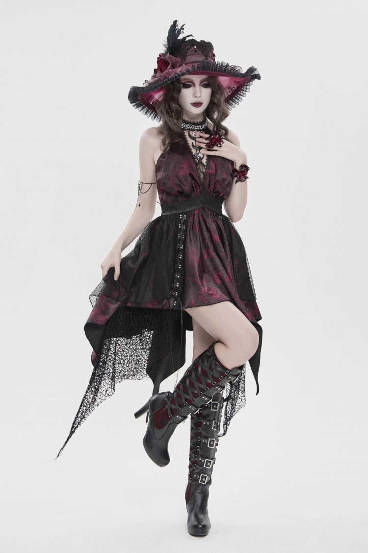 Off Shoulder Sleeveless Multi-Layered Printed Lace Irregular Tassels Gothic Dress