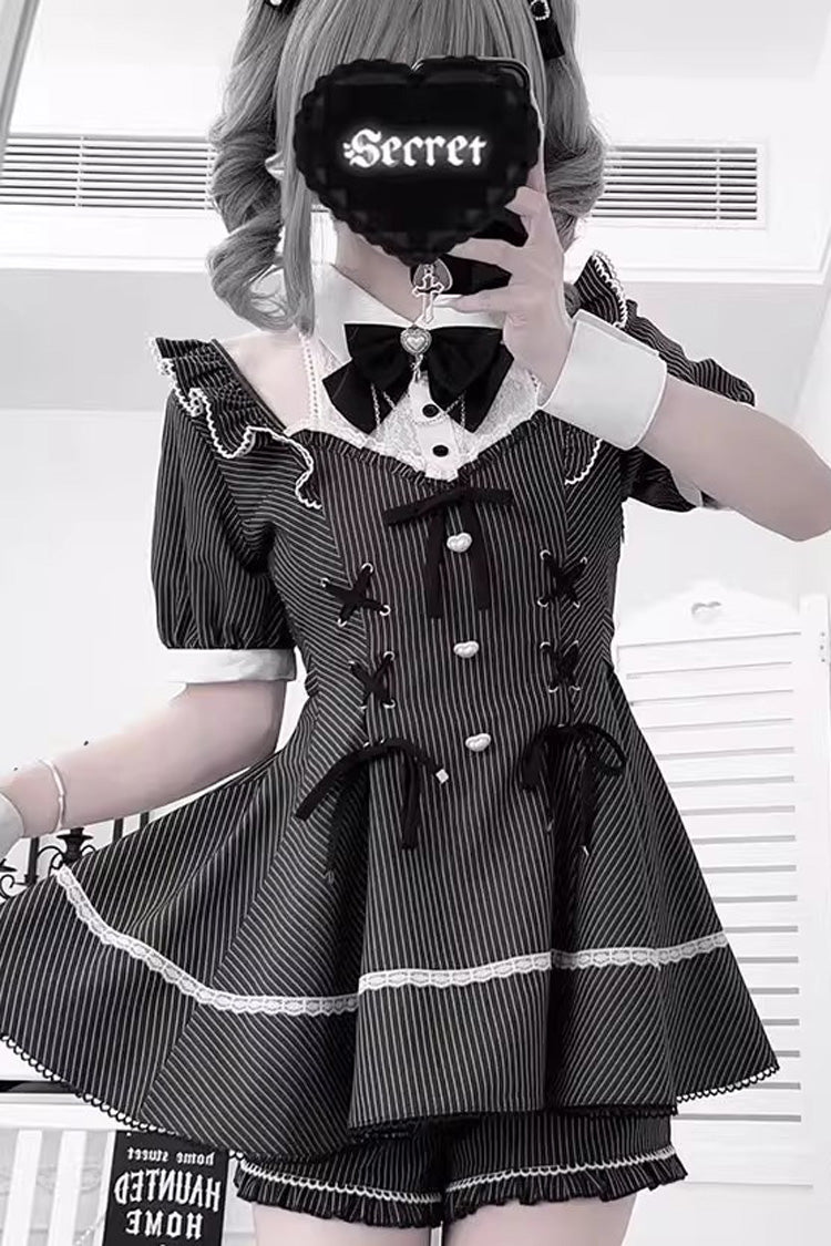 Black Roman Strings Striped Bow Lace-Up Gothic Plus-Size Dress