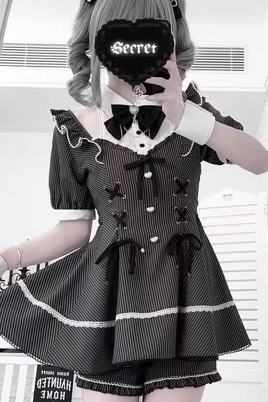 Black Roman Strings Striped Bow Lace-Up Gothic Plus-Size Dress