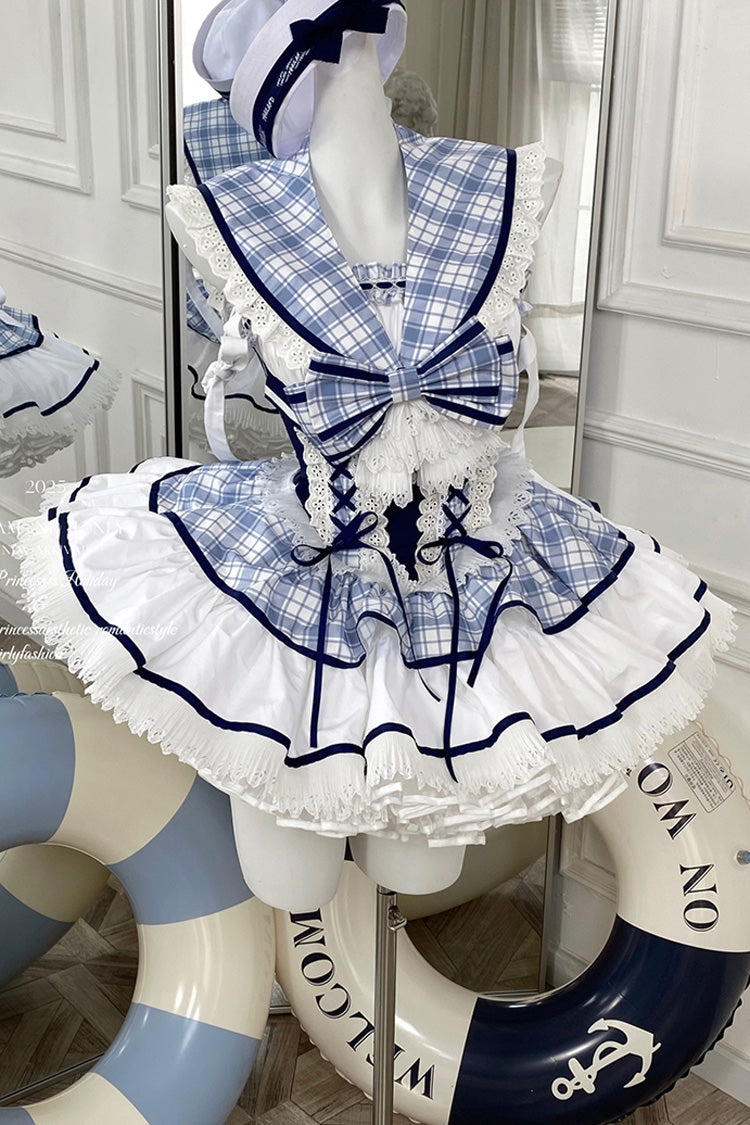 Blue/White Sailing Love Navy Collar Sleeveless Plaid Print Ruffle Ribbon Girly Lolita Dress