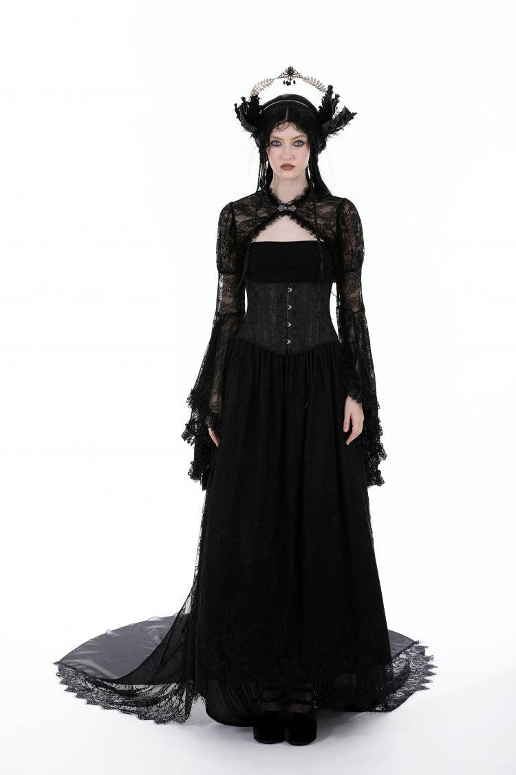 Jet-Black Gothic Cape with Flared Sleeves and Ruffled Lace