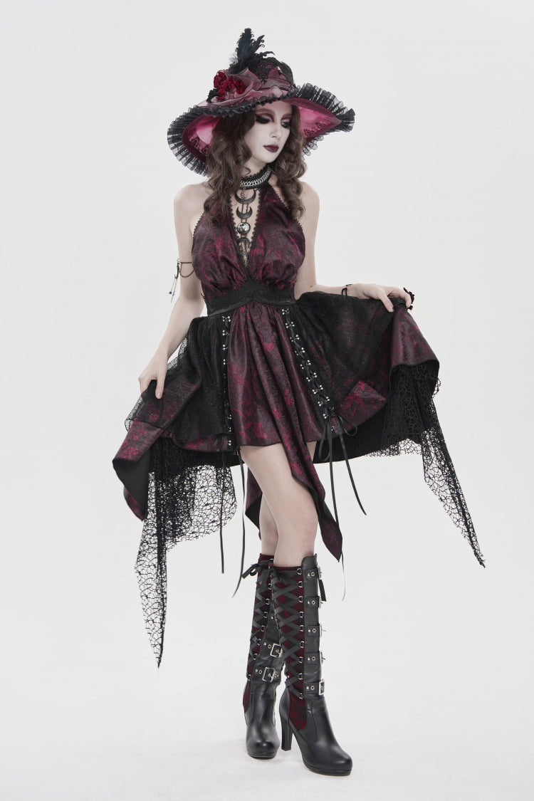 Off Shoulder Sleeveless Multi-Layered Printed Lace Irregular Tassels Gothic Dress