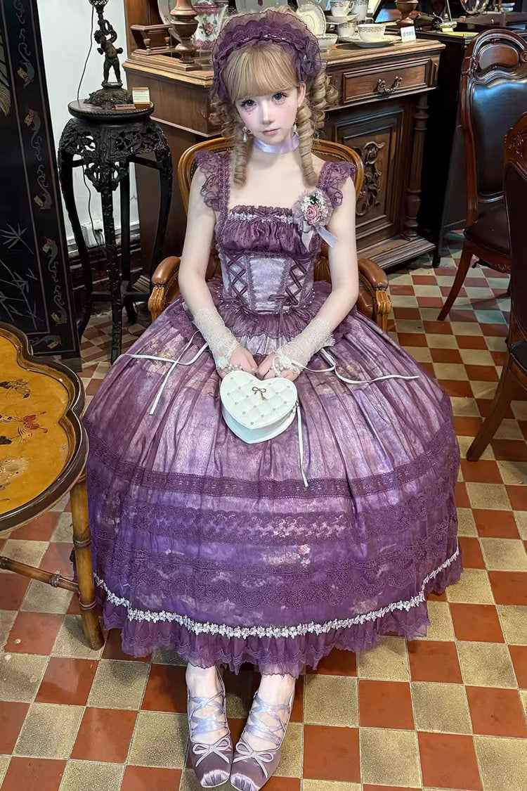 Violet Mist Vineyard Sleeveless Ruffled Bow Lace-Up JSK Skirt Set