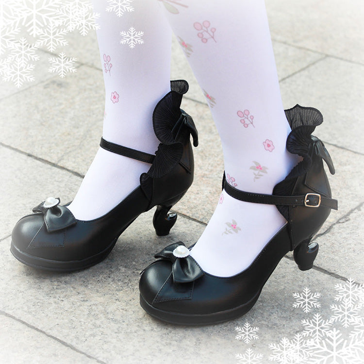 Ribbon-Strap Ruffle PU Girly Lolita Pumps - Multiple Shades