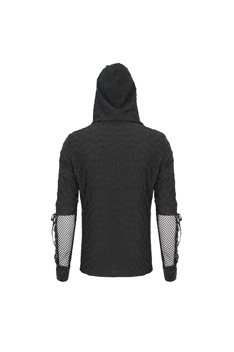 Mesh Spliced Long Sleeve Punk Hoodie for Men with Lace-Up Front