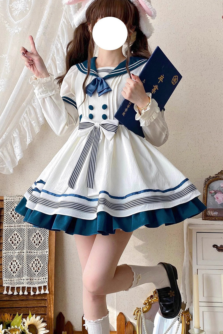 White/Green Navy Collar Short Sleeve Ruffled Bow Sweet Lolita Dress