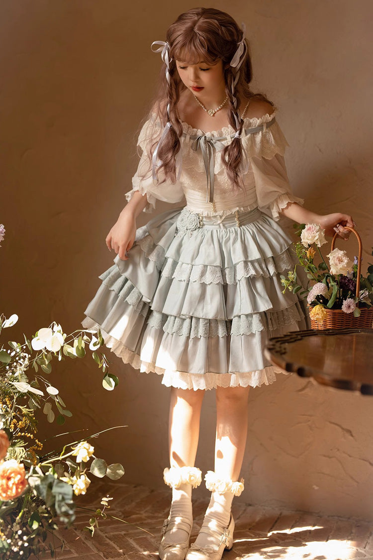 Powder Blue Rose Layered Princess Sweet Lolita Mini Skirt