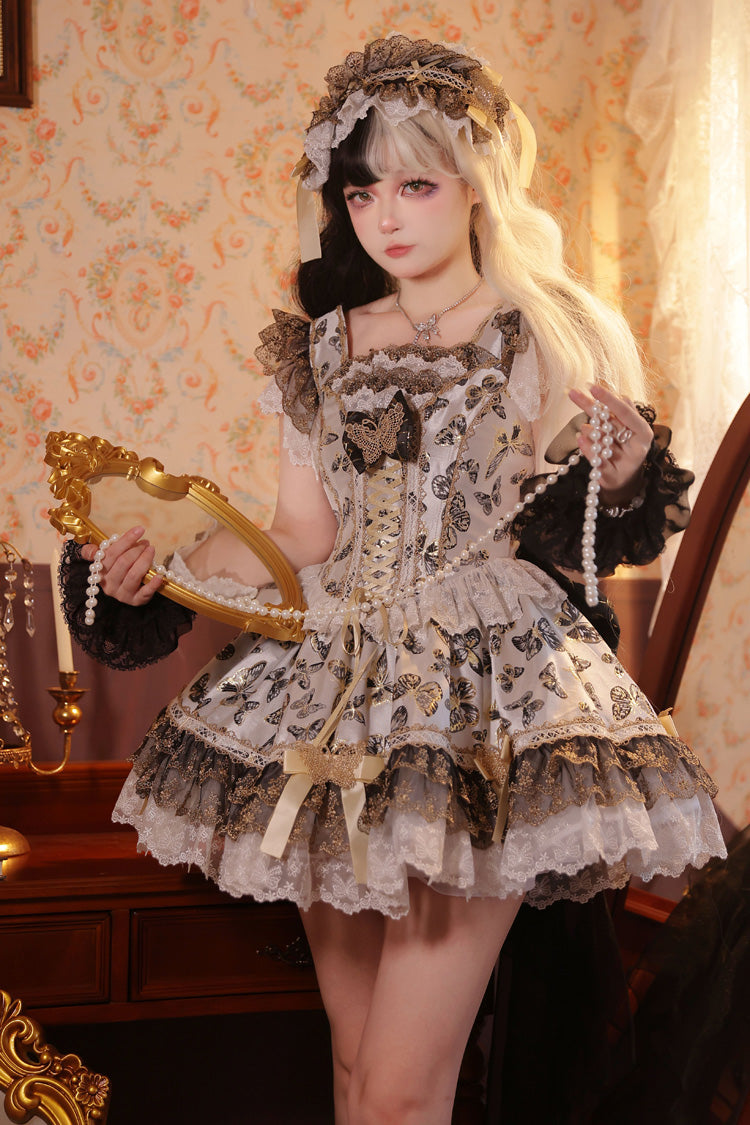 Cream Sleeveless Print Ruffle Bowknot Lace-Up Sweet Princess JSK Dress Set