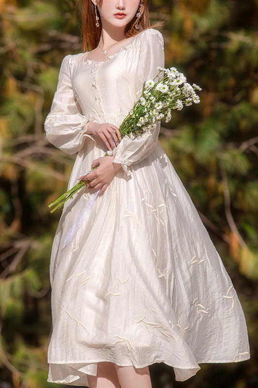 Apricot French Retro Sweet Lolita OP Dress Long Lantern Sleeves Embroidery - Altfashion Shop