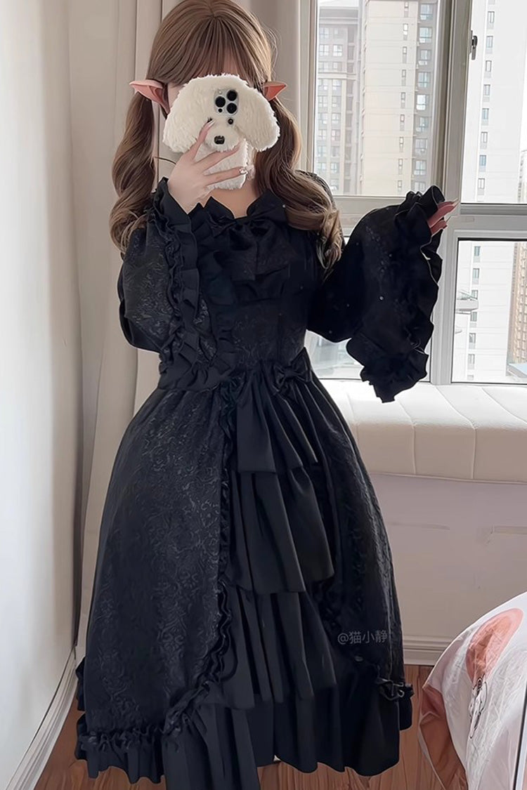 Noir Ruffle Cardigan with Bow Accents and Princess Sleeves