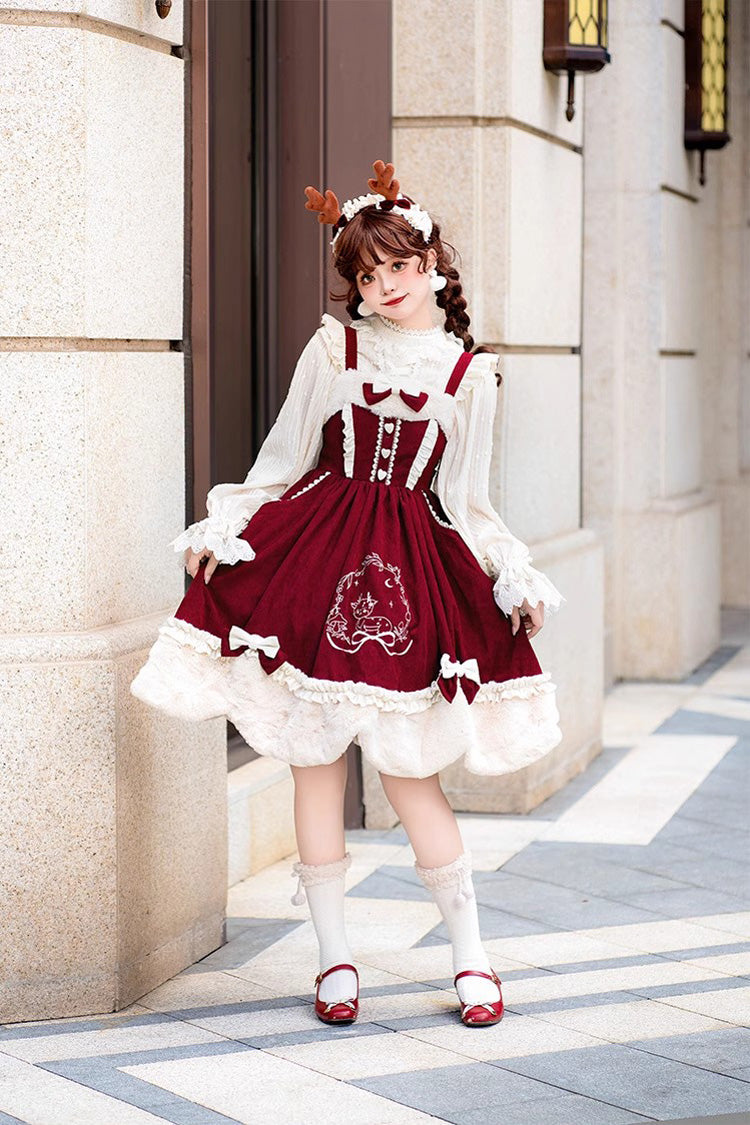 Autumn Winter Lolita JSK with Deer Print & Bowknot Embroidery