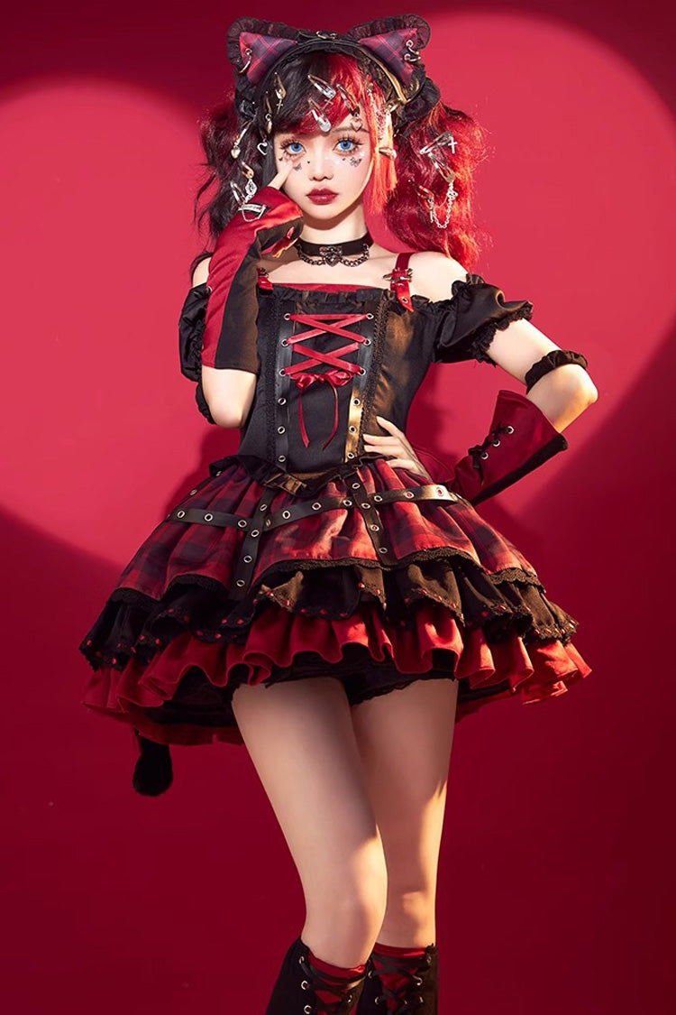 Black Red Print Ruffle Lace Up Gothic Japanese Princess Jsk Dress