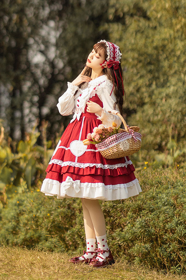 Wine Red Sweet Lolita JSK Dress with Lace and High Waist Bowknot - Altfashion Shop